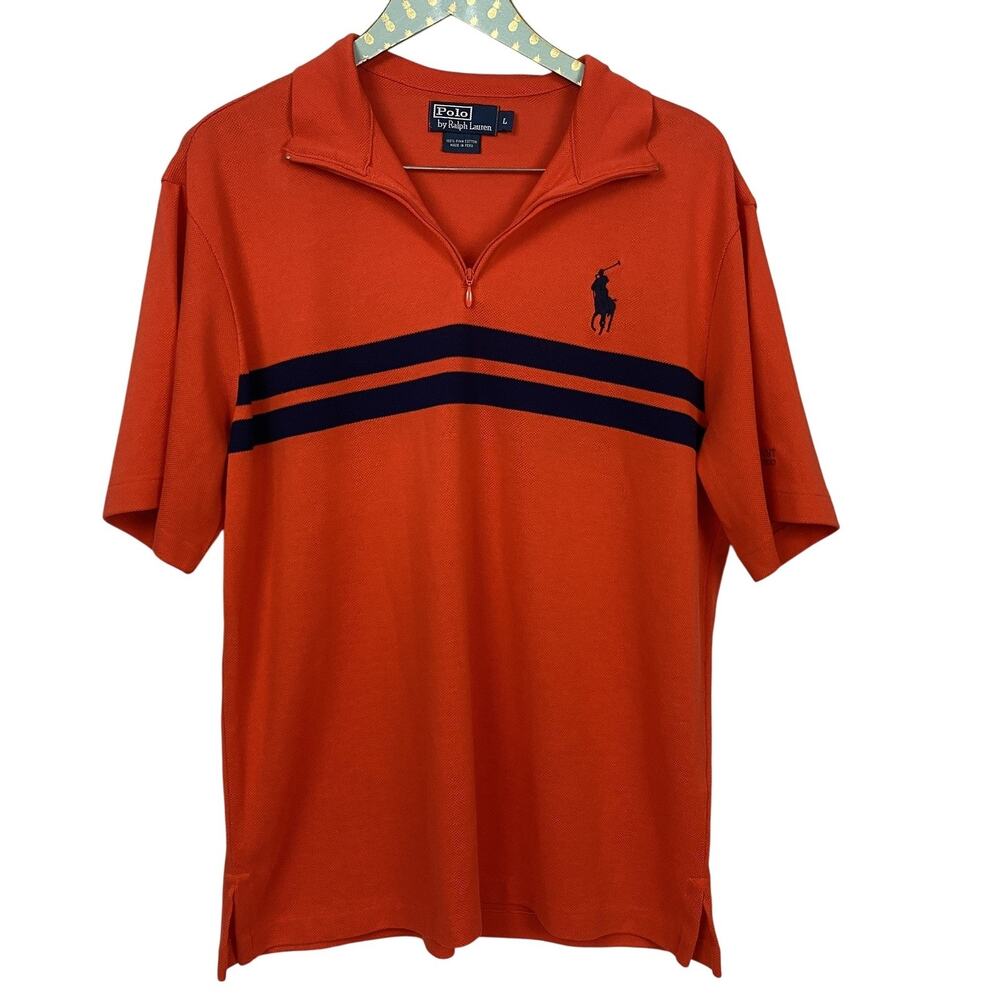 Polo Ralph Lauren Polo Shirt Mens Large Big Pony Quarter Zip Stripe Rugby Orange